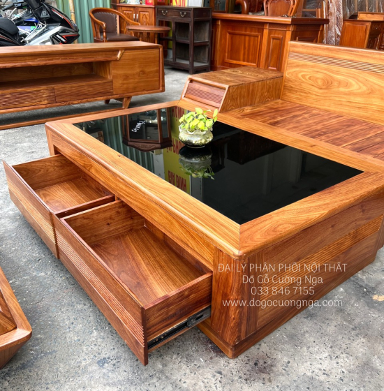 Bộ Ghế Sofa Gỗ Hương Vàng Cao Cấp - Mẫu 2 Văng Thuyền Kèm Nệm 