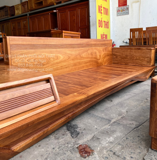 Bộ Ghế Sofa Gỗ Hương Vàng Cao Cấp - Mẫu 2 Văng Thuyền Kèm Nệm 