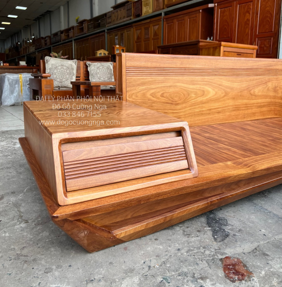 Bộ Ghế Sofa Gỗ Hương Vàng Cao Cấp - Mẫu 2 Văng Thuyền Kèm Nệm 