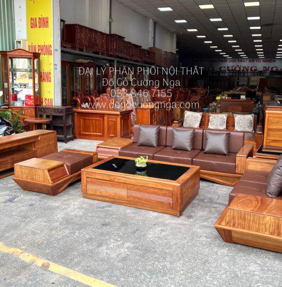 Bộ Ghế Sofa Gỗ Hương Vàng Cao Cấp - Mẫu 2 Văng Thuyền Kèm Nệm 