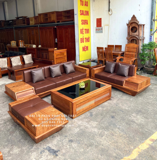 Bộ Ghế Sofa Gỗ Hương Vàng Cao Cấp - Mẫu 2 Văng Thuyền Kèm Nệm 