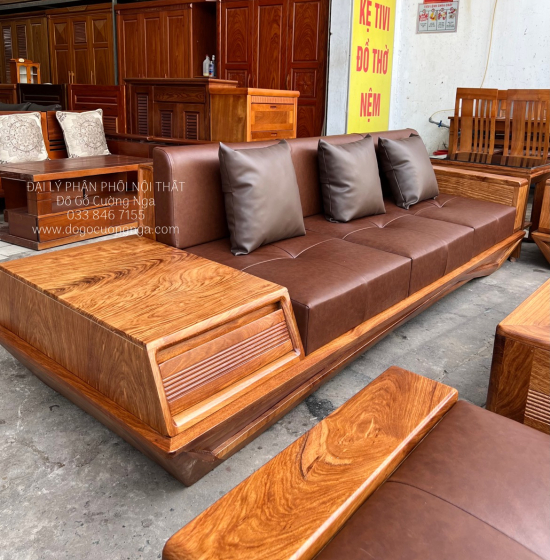 Bộ Ghế Sofa Gỗ Hương Vàng Cao Cấp - Mẫu 2 Văng Thuyền Kèm Nệm 
