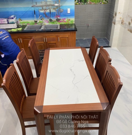 Bàn Ăn Gỗ Xoan Đào Mặt Đá 6 Ghế Hiện Đại BG 1-105