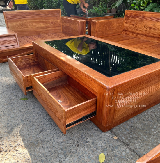 Ghế Sofa Gỗ Hương Vàng Cao Cấp Kèm Nệm - Ghế 2 Văng Sang Trọng 