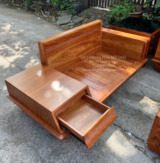 Ghế Sofa Gỗ Hương Vàng Cao Cấp Kèm Nệm - Ghế 2 Văng Sang Trọng 