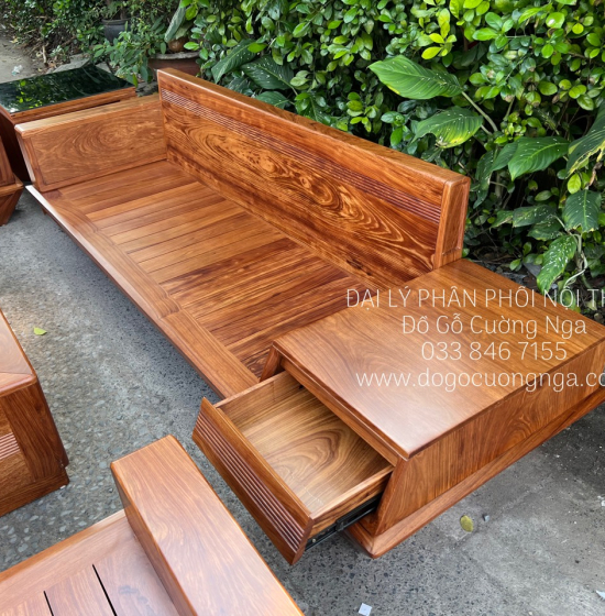 Ghế Sofa Gỗ Hương Vàng Cao Cấp Kèm Nệm - Ghế 2 Văng Sang Trọng 