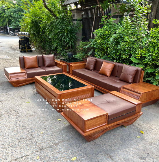 Ghế Sofa Gỗ Hương Vàng Cao Cấp Kèm Nệm - Ghế 2 Văng Sang Trọng 