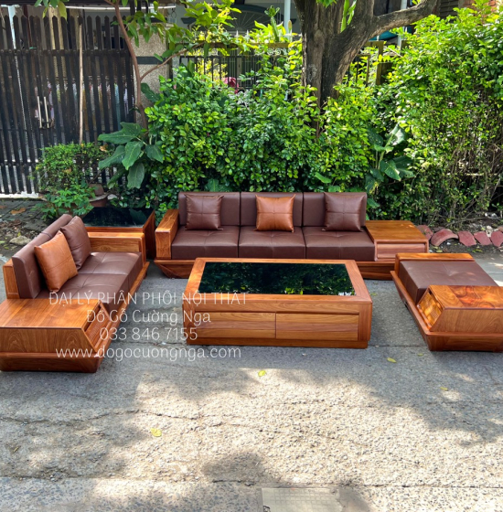 Ghế Sofa Gỗ Hương Vàng Cao Cấp Kèm Nệm - Ghế 2 Văng Sang Trọng 