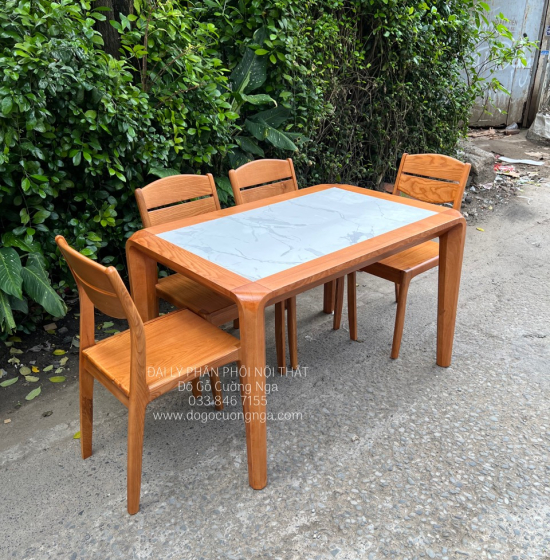 Bàn Ăn Gỗ Sồi Nga Mặt Đá 4 Ghế Lau Màu Hiện Đại 