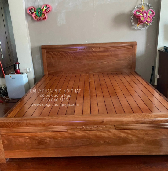 Giường gỗ xoan đào vạt phản - chỉ hoa 