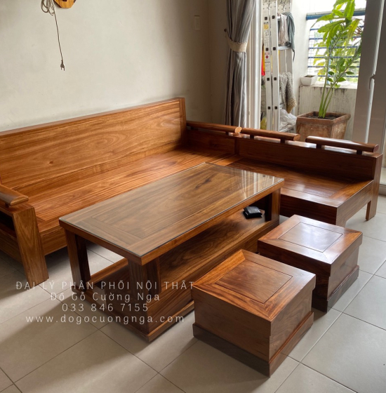 Bàn Ghế Sofa Gỗ Hương Xám Góc L 2mx1m8 Hiện Đại