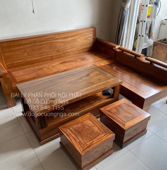 Bàn Ghế Sofa Gỗ Hương Xám Góc L 2mx1m8 Hiện Đại
