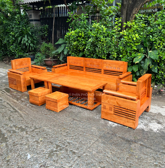 Bàn Ghế Sofa Gỗ Sồi Nga Đối Trứng 7 Món - Lau Màu Gõ Đỏ 
