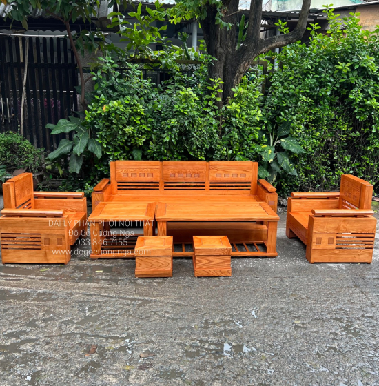 Bàn Ghế Sofa Gỗ Sồi Nga Đối Trứng 7 Món - Lau Màu Gõ Đỏ 