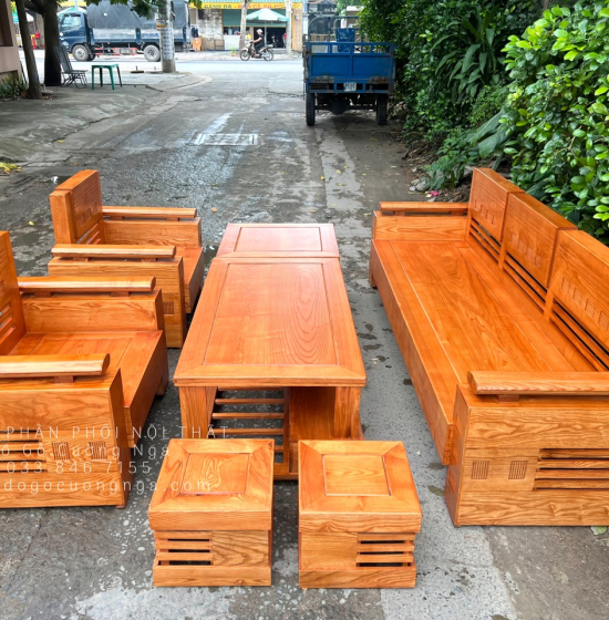 Bàn Ghế Sofa Gỗ Sồi Nga Đối Trứng 7 Món - Lau Màu Gõ Đỏ 