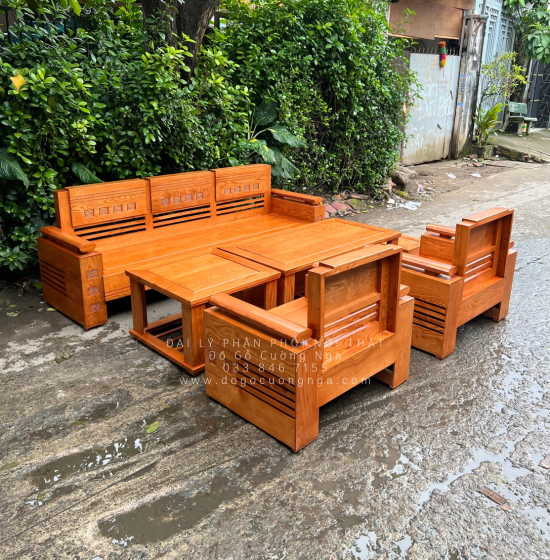Bàn Ghế Sofa Gỗ Sồi Nga Đối Trứng 7 Món - Lau Màu Gõ Đỏ 