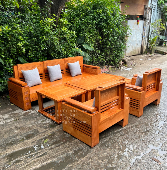 Bàn Ghế Sofa Gỗ Sồi Nga Đối Trứng 7 Món - Lau Màu Gõ Đỏ 