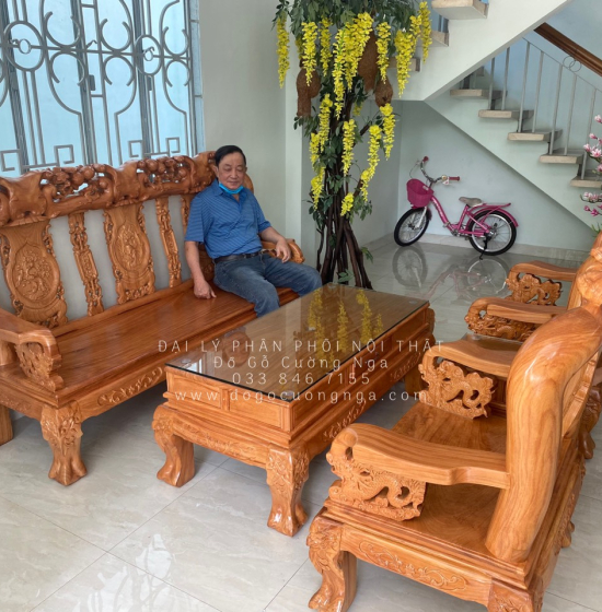 Salon Gỗ Gõ Đỏ Tay 12 - 6 Món Trạm Đào Tay Rồng 