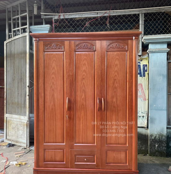 Tủ quần áo gỗ xoan đào 3 cánh giá rẻ - mẫu vòm 