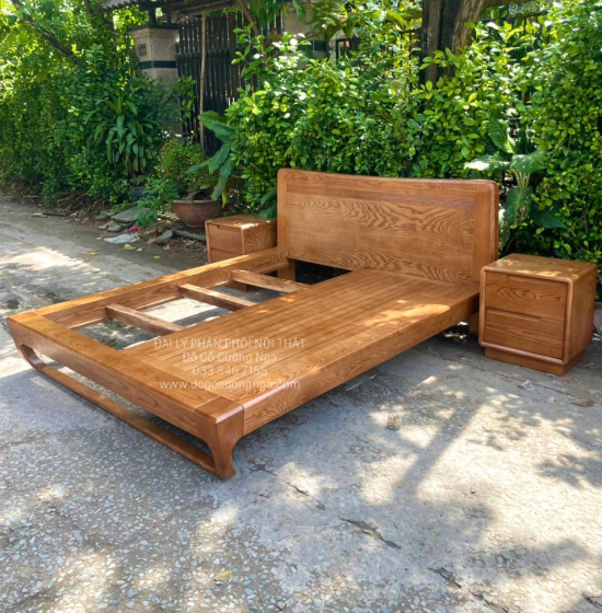 Giường Ngủ Kiểu Nhật Gỗ Sồi Nga Lau Màu Óc Chó Hiện Đại 