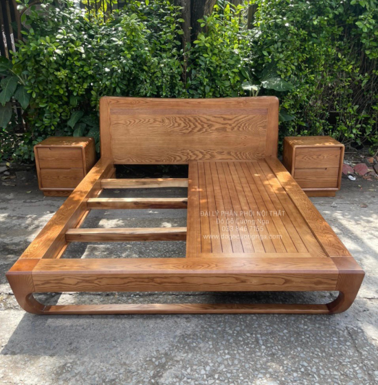 Giường Ngủ Kiểu Nhật Gỗ Sồi Nga Lau Màu Óc Chó Hiện Đại 