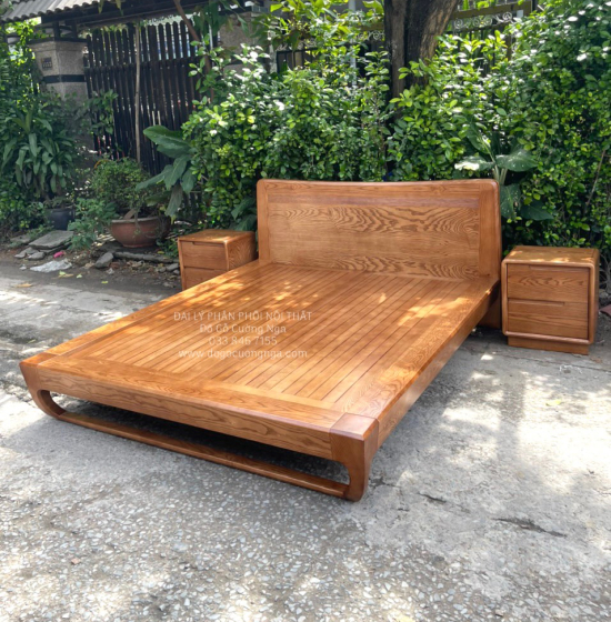 Giường Ngủ Kiểu Nhật Gỗ Sồi Nga Lau Màu Óc Chó Hiện Đại 