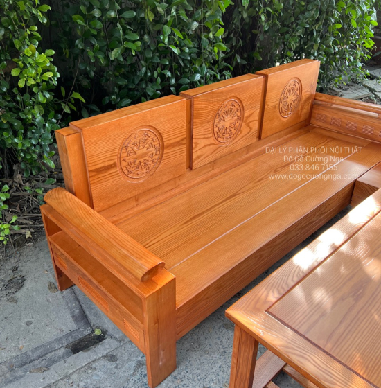 Sofa Gỗ Sồi Nga Góc L 2mx1m8 Lau Màu Gõ Đỏ - Tựa Trứng 