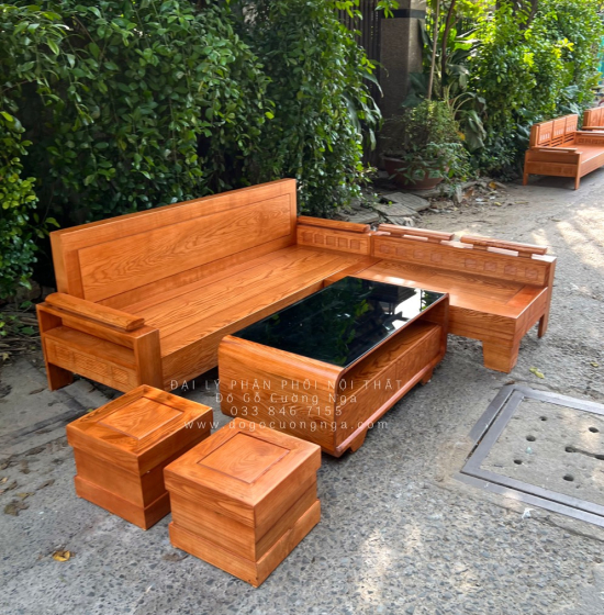 Ghế Sofa Góc L Gỗ Sồi Nga Lau Màu Gõ Đỏ 2mx1m8 - Bàn Hiện Đại