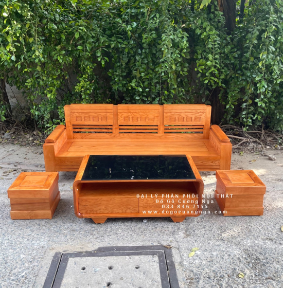 Bộ Bàn Ghế Sofa Gỗ Sồi Nga 1 Văng Lau Màu Gõ Đỏ Hiện Đại 