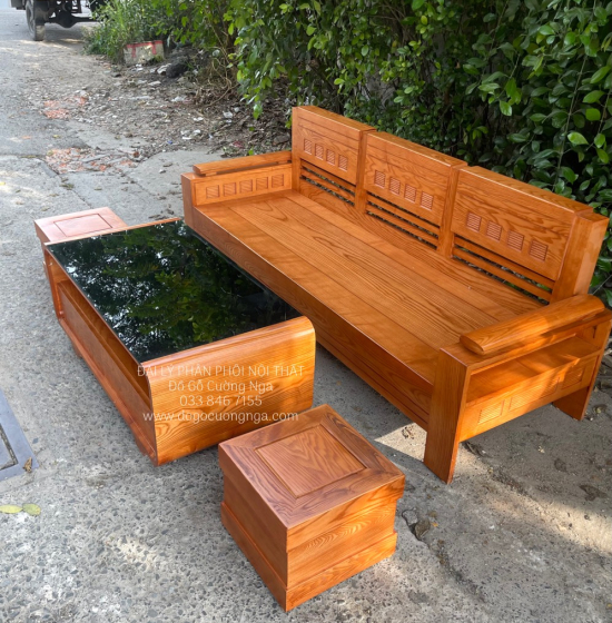 Bộ Bàn Ghế Sofa Gỗ Sồi Nga 1 Văng Lau Màu Gõ Đỏ Hiện Đại 