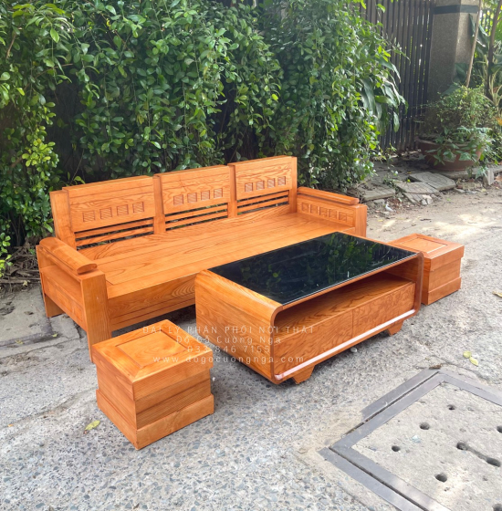 Bộ Bàn Ghế Sofa Gỗ Sồi Nga 1 Văng Lau Màu Gõ Đỏ Hiện Đại 