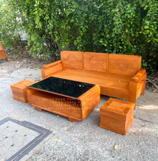 Sofa Gỗ Sồi Nga Góc L 2mx1m8 Lau Màu Gõ Đỏ - Tựa Trứng 