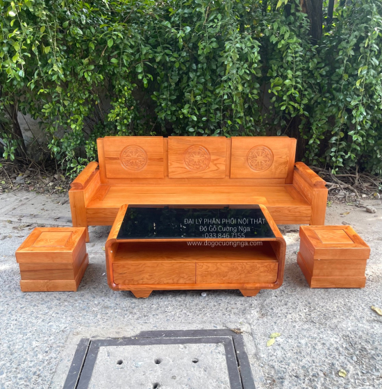 Bàn Ghế Sofa Gỗ Sồi Nga Lau Màu Gõ Đỏ Văng 2m - Tựa Trống Đồng