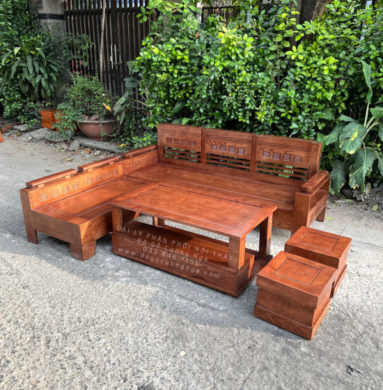 Bộ Ghế Sofa Gỗ Sồi Nga Lau Màu Óc Chó 2mx1m8 - Tay Trứng 