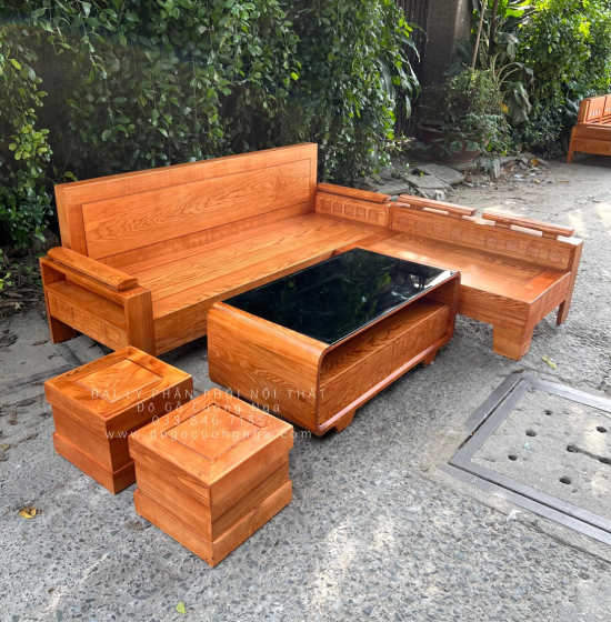 Ghế Sofa Góc L Gỗ Sồi Nga Lau Màu Gõ Đỏ 2mx1m8 - Bàn Hiện Đại