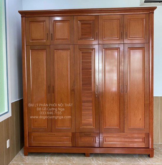Tủ quần áo gỗ xoan đào 5 cánh - 2 tầng lá sách 