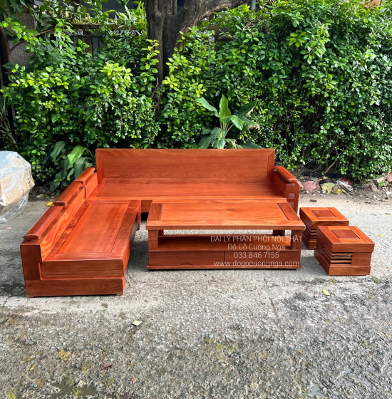 Sofa Góc L Gỗ Xoan Đào Cao Cấp 2m4x2m - Lưng Liền 