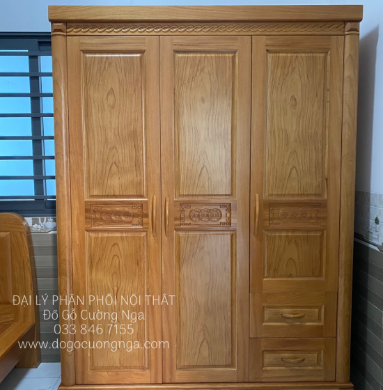 Tủ quần áo gỗ gõ đỏ 3 cánh 1m6 - mẫu đồng tiền 