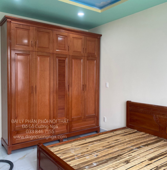 Tủ quần áo gỗ xoan đào 5 cánh - 2 tầng lá sách 
