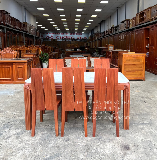 Bộ bàn ăn gỗ Xoan Đào mặt đá 1m6 - 6 ghế chân soi BG 035