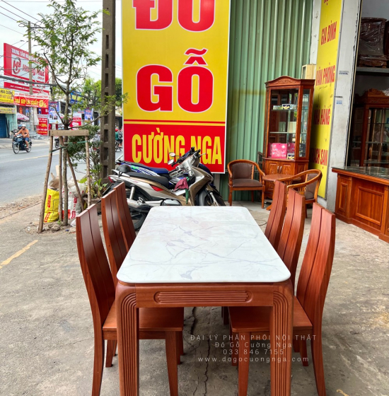 Bộ bàn ăn gỗ Xoan Đào mặt đá 1m6 - 6 ghế chân soi BG 035