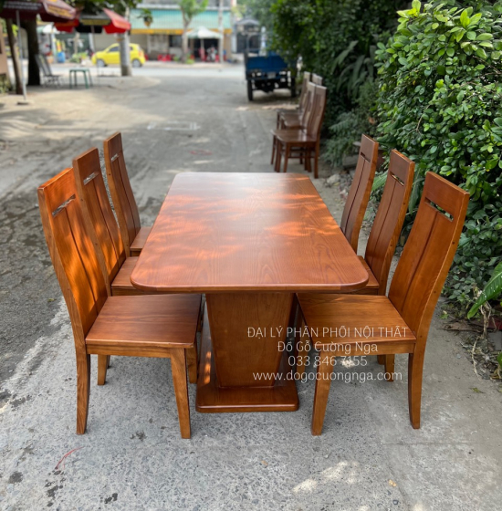 Bàn Ăn Gỗ Sồi Nga Lau Màu Óc Chó 6 Ghế - Chân Thuyền BG 11-3