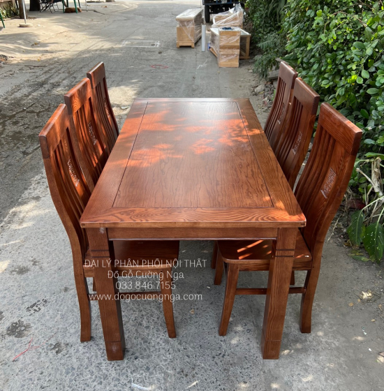 Bàn Ăn Gỗ Sồi Nga 6 Ghế Lau Màu Óc Chó BG 11-8
