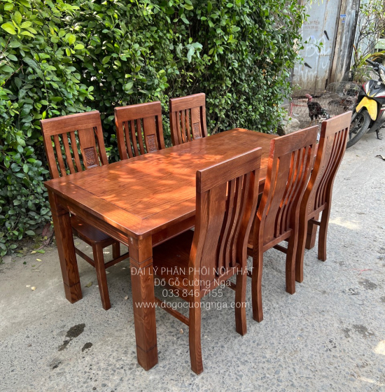 Bàn Ăn Gỗ Sồi Nga 6 Ghế Lau Màu Óc Chó BG 11-8