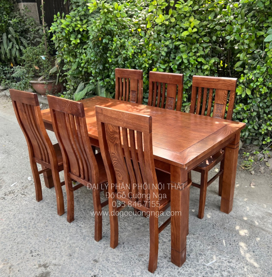 Bàn Ăn Gỗ Sồi Nga 6 Ghế Lau Màu Óc Chó BG 11-8