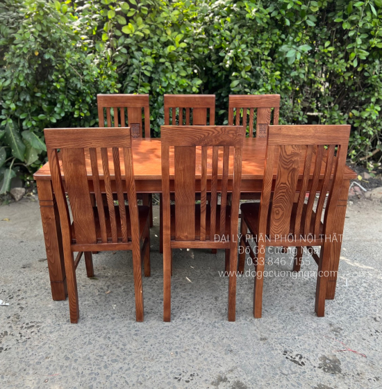 Bàn Ăn Gỗ Sồi Nga 6 Ghế Lau Màu Óc Chó BG 11-8