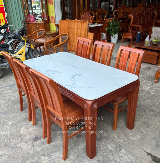 Bàn Ăn Gỗ Xoan Đào Mặt Đá 6 Ghế Bền Đẹp Hiện Đại BG 1-104