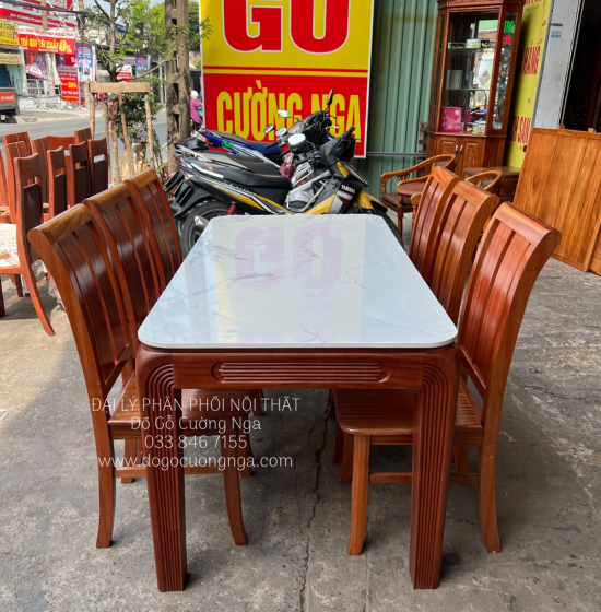 Bàn Ăn Gỗ Xoan Đào Mặt Đá 6 Ghế Bền Đẹp Hiện Đại BG 1-104