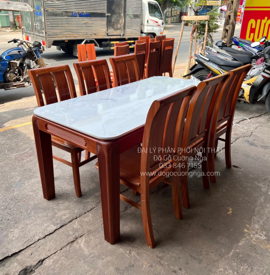 Bàn Ăn Gỗ Xoan Đào Mặt Đá 6 Ghế Bền Đẹp Hiện Đại BG 1-104