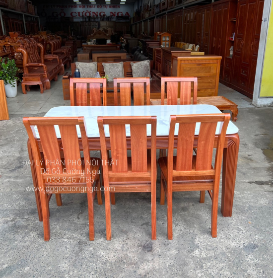 Bàn Ăn Gỗ Xoan Đào Mặt Đá 6 Ghế Bền Đẹp Hiện Đại BG 1-104